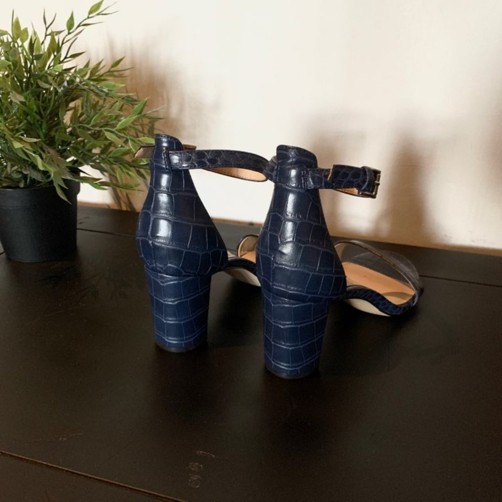 NINE WEST Dark Blue Texture Ankle Strap Block Heel Sandals - Picture 2 of 5